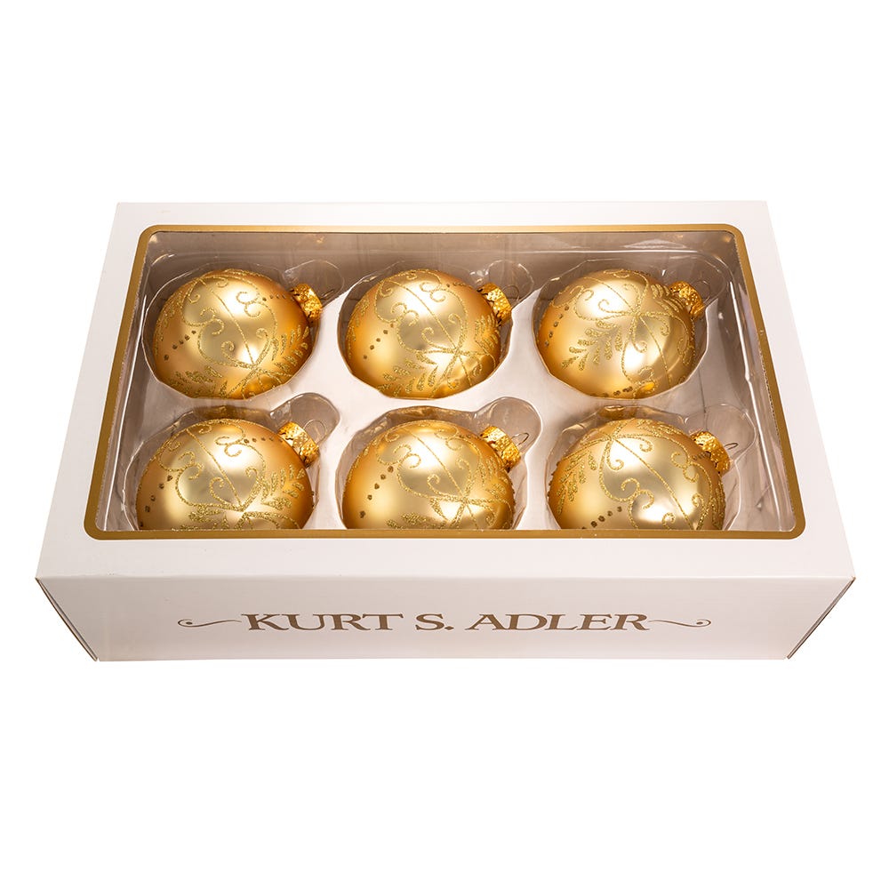 Kurt Adler 80MM Gold With Gold Pattern Glass Ball Ornaments, 6-Piece Box